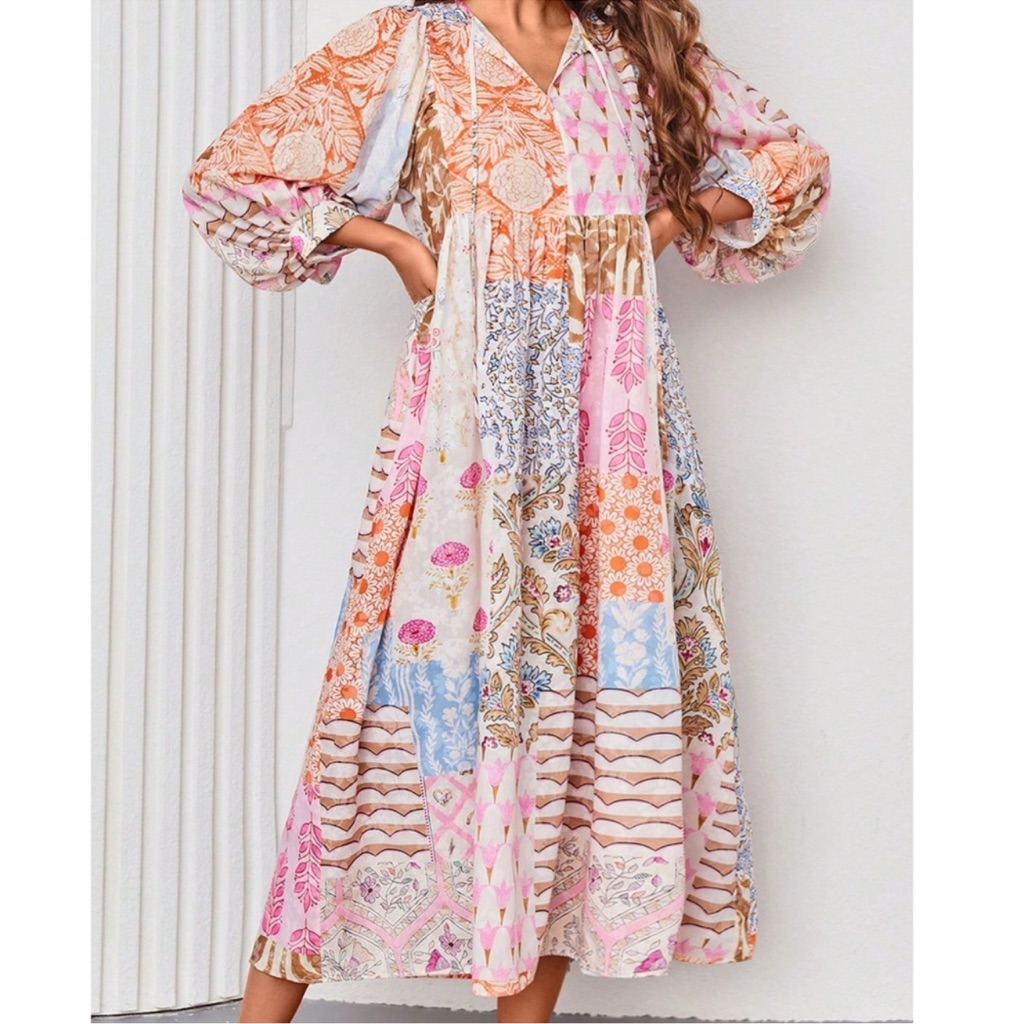 Boho Floral Print Patchwork Balloon Sleeve Pockets Dress
